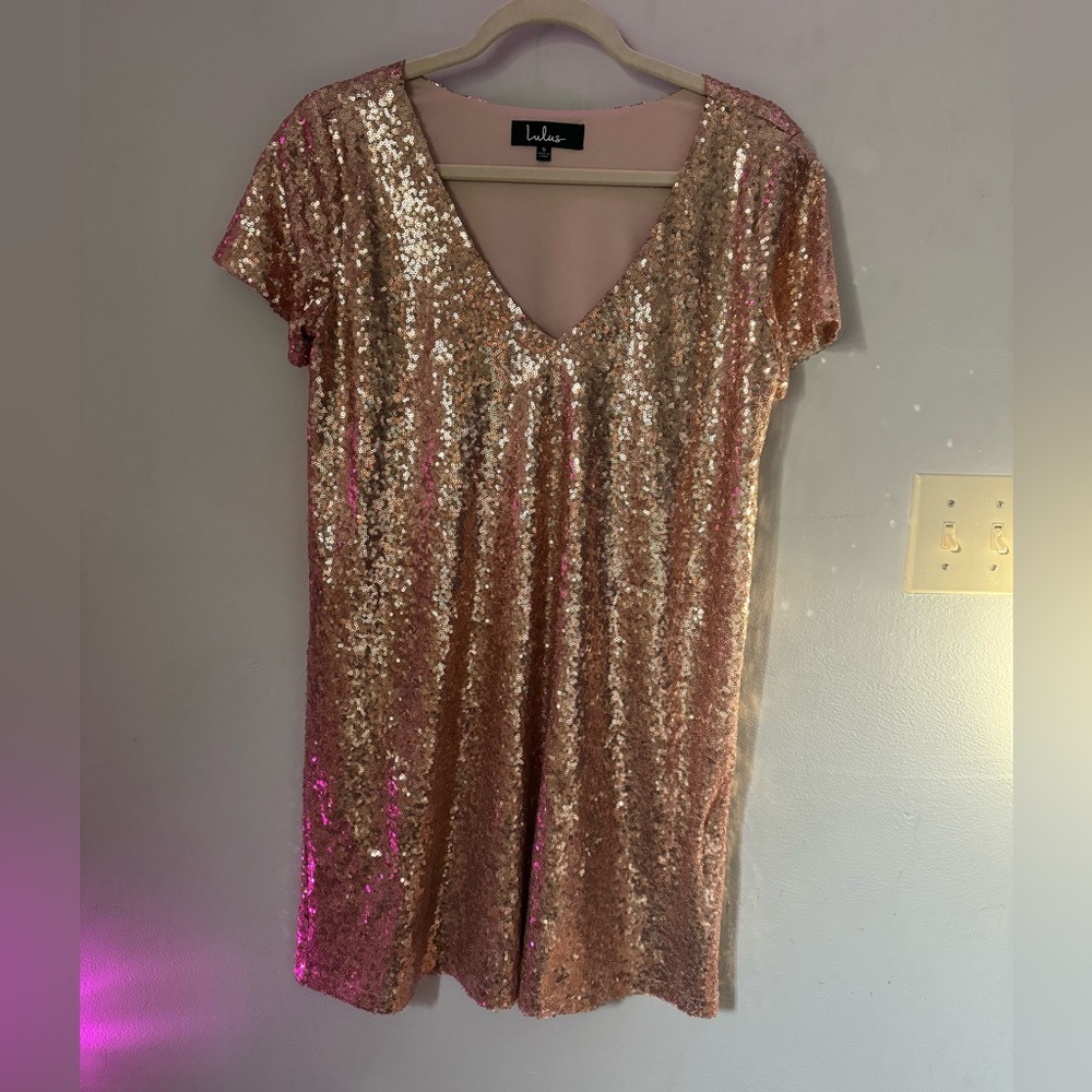Rose gold Lulus sequined shift dress
